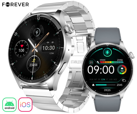 FOREVER GRAND 2 SW-710 pametna ura, 1.45" zaslon, Bluetooth, Android + iOS, klicanje, baterija, aplikacija, IP67, zdravje, analiza spanca, 100+ športnih načinov, 2 paščka, srebrna (Quantum Silver)