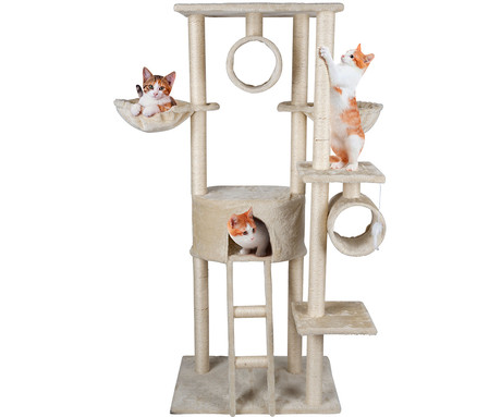 Pet Toys mačje drevo in praskalnik za mačke, 165x50x70cm, hiška, viseše mreže, lestev, 4 nivoji, bež