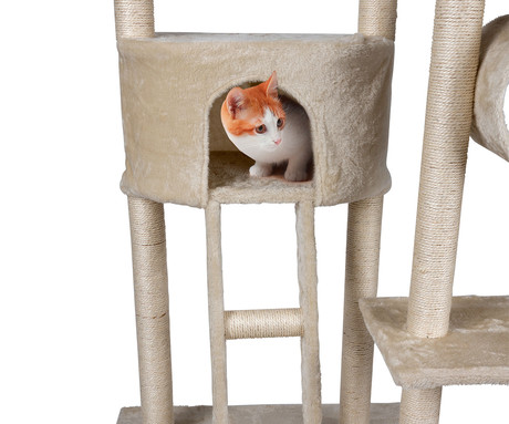 Pet Toys mačje drevo in praskalnik za mačke, 165x50x70cm, hiška, viseše mreže, lestev, 4 nivoji, bež