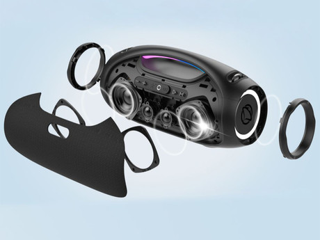 MANTA SPK320 prenosni Boombox zvočnik, Bluetooth 5.3, 120W, TWS / Multi Link, polnilna baterija, RGB LED osvetlitev, IPX6 vodoodpornost, USB / AUX, Google Assistant / Siri, črn (Eclipse Black)