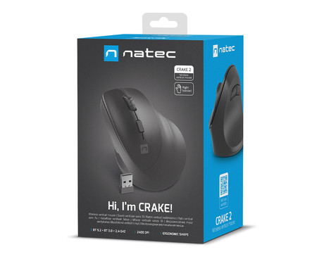 Natec CRAKE 2 vertikalna brezžična miška, 2400DPI, ergonomska, Bluetooth / USB 2.4GHz, 6 gumbov, za desničarje, 1x AA baterija, črna