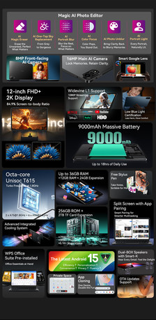 Blackview MEGA 2 pametni AI tablični računalnik, 12", 2K, 12GB (24GB)+256GB, Android, Dual WiFi, Bluetooth, GPS, 4xzvočniki + pisalo + ovitek + KB + miška, moder (Ice Blue)