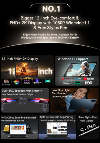 Blackview MEGA 2 pametni AI tablični računalnik, 12", 2K, 12GB (24GB)+256GB, Android, Dual WiFi, Bluetooth, GPS, 4xzvočniki + pisalo + ovitek + KB + miška, moder (Ice Blue)