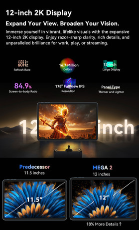 Blackview MEGA 2 pametni AI tablični računalnik, 12", 2K, 12GB (24GB)+256GB, Android, Dual WiFi, Bluetooth, GPS, 4xzvočniki + pisalo + ovitek + KB + miška, moder (Ice Blue)