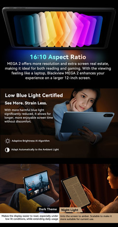 Blackview MEGA 2 pametni AI tablični računalnik, 12", 2K, 12GB (24GB)+256GB, Android, Dual WiFi, Bluetooth, GPS, 4xzvočniki + pisalo + ovitek + KB + miška, moder (Ice Blue)