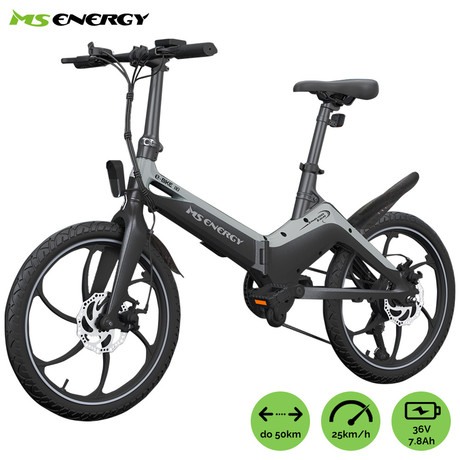 Električno kolo MS ENERGY i10, zložljivo, 20" pnevmatike, 250W motor, 6 prestav Shimano, do 50km, do 25km/h, 36V 7.8Ah baterija, črno siv