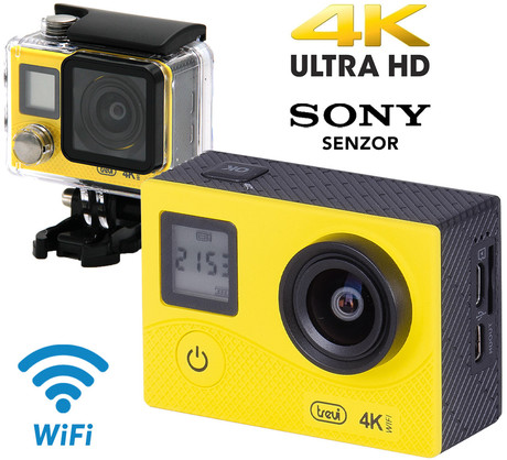 Aktivna športna kamera TREVI GO 2500-4K, 4K-UHD,WiFi, Sony senzor, vodoporno ohišje, dvojni zaslon, rumena