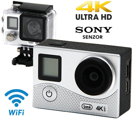 EOL - Aktivna športna kamera TREVI GO 2500-4K, 4K-UHD,WiFi, Sony senzor, vodoodporno ohišje, dvojni zaslon, srebrna