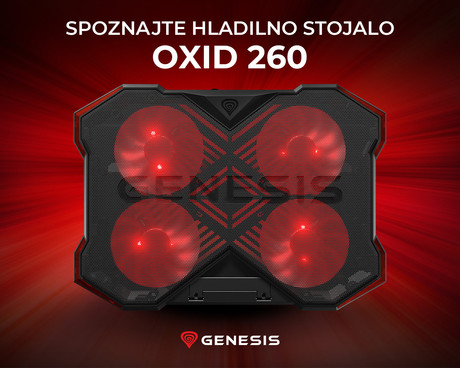 GENESIS OXID 260 hladilno stojalo / podstavek, za prenosnike do 17.3", 8 naklonov, LED osvetlitev, 4 ventilatorji, USB vhod