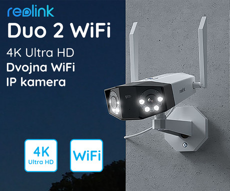 EOL - Reolink DUO 2 WiFi IP kamera, dva objektiva, 4K Ultra HD, WiFi, 180° smenalni kot, IR nočno snemanje, LED reflektorji, aplikacija, IP66 vodoodpornost, dvosmerna komunikacija, bela