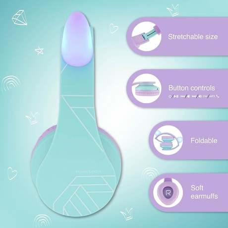 PowerLocus P2 KIDS brezžične naglavne slušalke, otroške, Bluetooth, polnilna baterija, do 15 ur, LED osvetlitev, zložljive, USB Type-C, AUX, +torbica, vijolične PowerLocus P2 KIDS brezžične naglavne slušalke, otroške, Bluetooth, polnilna baterija, do 15 ur, LED osvetlitev, zložljive, USB Type-C, AUX, +torbica, vijolične
