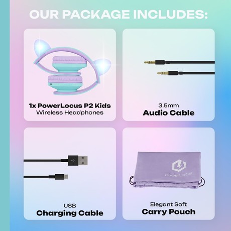 PowerLocus P2 KIDS brezžične naglavne slušalke, otroške, Bluetooth, polnilna baterija, do 15 ur, LED osvetlitev, zložljive, USB Type-C, AUX, +torbica, vijolične PowerLocus P2 KIDS brezžične naglavne slušalke, otroške, Bluetooth, polnilna baterija, do 15 ur, LED osvetlitev, zložljive, USB Type-C, AUX, +torbica, vijolične