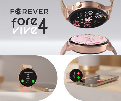 FOREVER ForeVive 4 SB-350 pametna ura, 1.32" zaslon, Bluetooth, Android + iOS, klicanje, baterija, aplikacija, IP67, merjenje aktivnosti, analiza spanca, športni načini, roza zlata (Rose Gold)