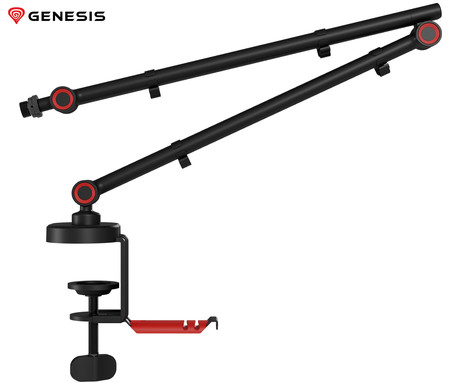 GENESIS THULIUM 500 stojalo / roka za mikrofon, univerzalna oblika, priloženi adapterji, 3-točkovna nastavitev, držalo za slušalke, držala za kable, trpežna izdelava, kovina, črno-rdeče