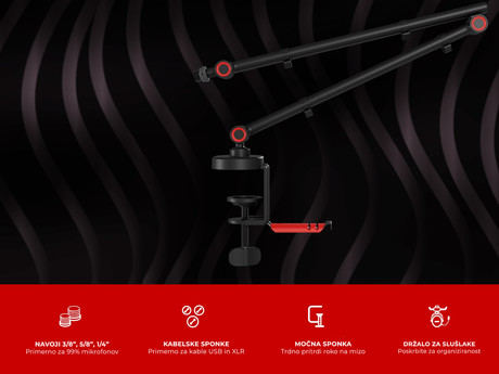 GENESIS THULIUM 500 stojalo / roka za mikrofon, univerzalna oblika, priloženi adapterji, 3-točkovna nastavitev, držalo za slušalke, držala za kable, trpežna izdelava, kovina, črno-rdeče