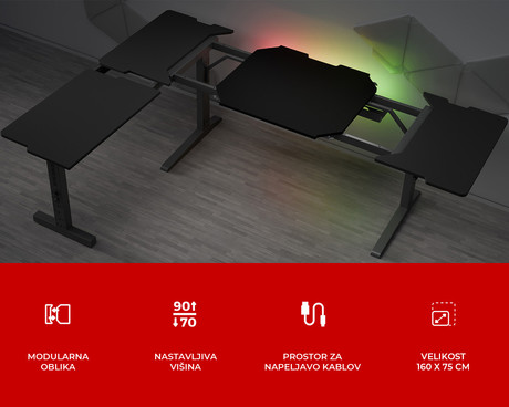 GENESIS HOLM MODULAR 160 CORNER pisarniška / gaming miza, modularna, robustna konstrukcija, nastavljiva višina, RGB LED osvetlitev, napeljava kablov, 2x držalo, 160x155x75cm, črna GENESIS HOLM MODULAR 160 CORNER pisarniška / gaming miza, modularna, robustna konstrukcija, nastavljiva višina, RGB LED osvetlitev, napeljava kablov, 2x držalo, 160x155x75cm, črna