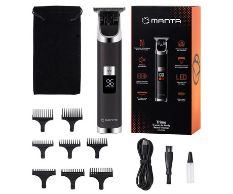 MANTA TRIMO HT-02BK brezžični strižnik, za obraz / glavo / lase / telo, 8 nastavkov, natančna rezila, polnilna baterija, LED zaslon, IPX7 vodoodpornost, USB Type-C, črno-srebrn (Graphite Black)