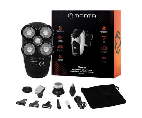 MANTA SHAVIO HS-01BK brezžični strižnik, za obraz / glavo / telo, 8 nastavkov, natančna rezila, polnilna baterija, LED zaslon, IPX7 vodoodpornost, USB Type-C, črno-srebrn (Graphite Black)