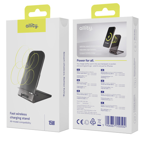 ALLITY AWC-100-15W brezžični polnilec / stojalo, univerzalni, 15W brezžično polnjenje, Qi tehnologija, nastavljiv naklon, USB Type-C, priložen kabel, siv (Graphite)