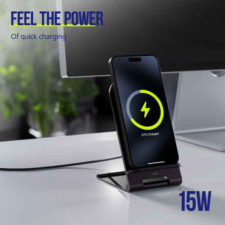 ALLITY AWC-100-15W brezžični polnilec / stojalo, univerzalni, 15W brezžično polnjenje, Qi tehnologija, nastavljiv naklon, USB Type-C, priložen kabel, siv (Graphite)