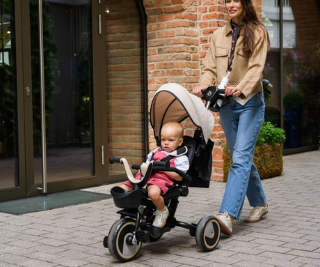 MoMi IVI 3v1 otroški voziček / kolo / tricikel, večnamenski, nastavljiv, zložljiv, črno-roza