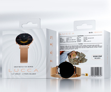 FOREVER Lucca SB-370 pametna ura, 1.43" AMOLED, BT 5.3, Android + iOS, klicanje, baterija, aplikacija, spremljanje zdravja, analiza spanca, 100+ športov, +pikčasti pašček, IP68, roza zlata (Rose Gold)