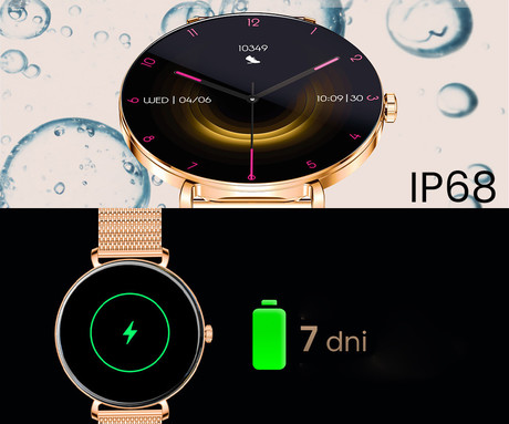 FOREVER Lucca SB-370 pametna ura, 1.43" AMOLED, BT 5.3, Android + iOS, klicanje, baterija, aplikacija, spremljanje zdravja, analiza spanca, 100+ športov, +pikčasti pašček, IP68, roza zlata (Rose Gold)