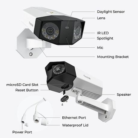 Reolink DUO P750 IP kamera, 16MP 4K+ Ultra HD, POE, 2 objektiva, 180° snemalni kot, AI zaznavanje, barvni Night Vision, aplikacija, dvosmerna komunikacija, pametni alarm, IP67 vodoodpornost, bela