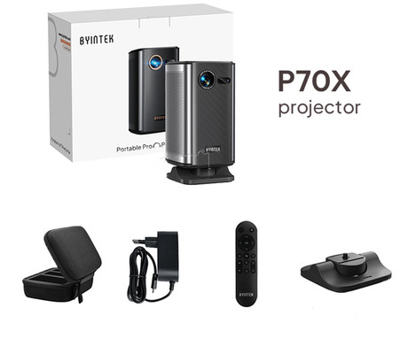 BYINTEK UFO P70X prenosni 3D LED DLP projektor, Android, Dual WIFI, Bluetooth, 2GB+32GB, polnilna baterija, 400 ANSI lumnov, samodejni fokus, STEREO zvočniki, max 4K UHD, USB / HDMI, +daljinec, črn