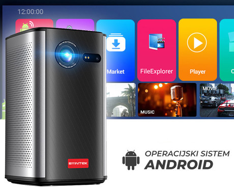 BYINTEK UFO P70X prenosni 3D LED DLP projektor, Android, Dual WIFI, Bluetooth, 2GB+32GB, polnilna baterija, 400 ANSI lumnov, samodejni fokus, STEREO zvočniki, max 4K UHD, USB / HDMI, +daljinec, črn