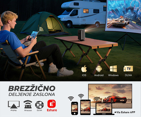 BYINTEK UFO P70X prenosni 3D LED DLP projektor, Android, Dual WIFI, Bluetooth, 2GB+32GB, polnilna baterija, 400 ANSI lumnov, samodejni fokus, STEREO zvočniki, max 4K UHD, USB / HDMI, +daljinec, črn