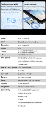 Blackview MEGA 2 pametni AI tablični računalnik, 12", 2K, 12GB (24GB)+256GB, Android, Dual WiFi, Bluetooth, GPS, 4xzvočniki + pisalo + ovitek + KB + miška, siv (Celestial Gray)
