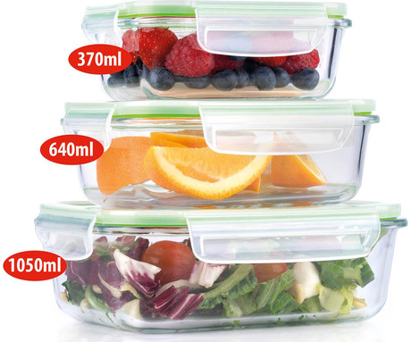 ALPINA komplet posod za shranjevanje živil in hrane, 3x posoda, 370/640/1050 ml, steklo, plastični pokrov