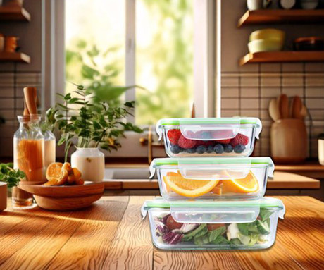 ALPINA komplet posod za shranjevanje živil in hrane, 3x posoda, 370/640/1050 ml, steklo, plastični pokrov