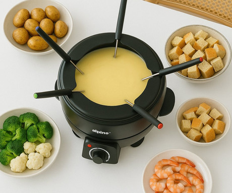 ALPINA komplet za fondue, 800W, 2.3L, električni, 6 vilic, nastavljiva temperatura, premaz proti prijemanju, LED indikator, nerjaveče jeklo, črn ALPINA komplet za fondue, 800W, 2.3L, električni, 6 vilic, nastavljiva temperatura, premaz proti prijemanju, LED indikator, nerjaveče jeklo, črn