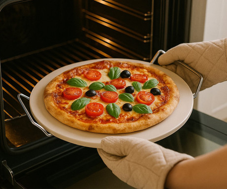 ALPINA BBQ PIZZA kamen za pico, žar, pečica, razporeditev toplote, hrustljavost, kovinski nosilec, kamen, 33cm, bel
