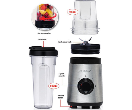 ALPINA smoothie mešalnik / blender, 300W, 600ml + 300ml, 2 hitrosti, PULSE funkcija, 4 rezila, črna, srebrna