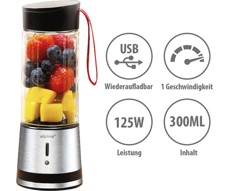 ALPINA prenosni smoothie mešalnik / blender, 125W, 300ml, polnilna baterija, 4 rezila, črna, srebrna