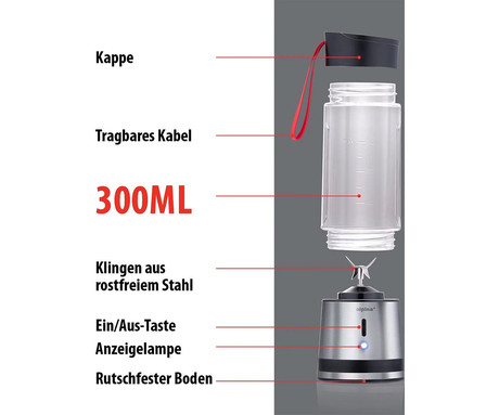 ALPINA prenosni smoothie mešalnik / blender, 125W, 300ml, polnilna baterija, 4 rezila, črna, srebrna