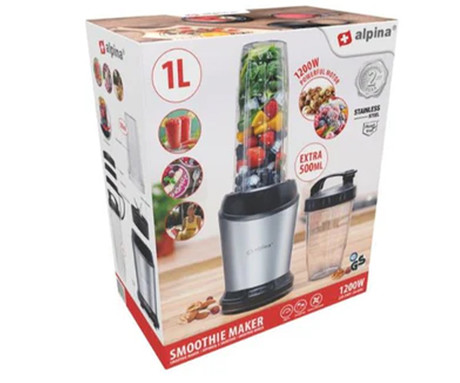 ALPINA smoothie mešalnik / blender, električni, 1200W, 1L, rezila iz nerjavečega jekla, +GRATIS skodelica, črno-srebrn