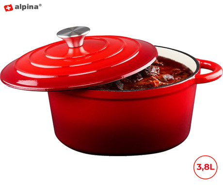 ALPINA litoželezni lonec / posoda, 3.8L, prevleka proti prijemanju, za vse vrste pečic in kuhalnikov, ročaji, 24x24x11.8cm, rdeč