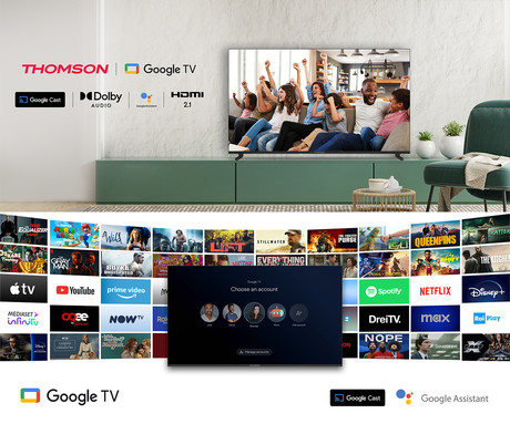 THOMSON 65UG4S14 LED TV sprejemnik, 164cm (65"), 4K UHD, Google TV, 60Hz, WiFi, Bluetooth, Dolby Audio, Google Assistant, Chromecast, Frameless oblika, pametni daljinec