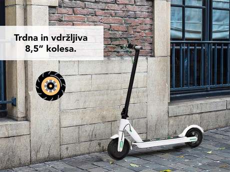 EOL - Električni skiro TREVI Velociptor TECH ES85W, 8.5'', zložljiv, LED osvetlitev, LED prikazovalnik, hitrost do 25km/h, Močan motor 350W, Baterija 3.6V/6Ah, do 125kg, belo/črne barve