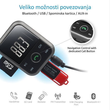 EOL - BLOW FM Oddajnik 74-142, 3v1, Bluetooth+Polnilec+prostoročno telefoniranje, črn