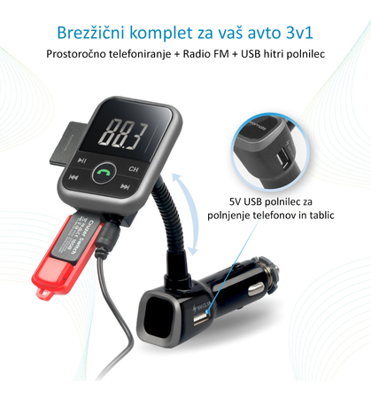 EOL - BLOW FM Oddajnik 74-142, 3v1, Bluetooth+Polnilec+prostoročno telefoniranje, črn