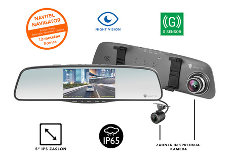 Pametno avto ogledalo NAVITEL MR250 NV, prednja in zadnja avto kamera, Full HD, 5" IPS zaslon, Night Vision, 160° snemalni kot, G-senzor, aplikacija