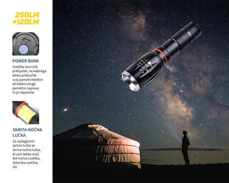 EOL - PLATINET prenosna LED svetilka (Flashlight) PAF10W, Alu, ZOOM, COB, vgrajena baterija, night lamp