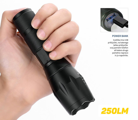EOL - PLATINET prenosna LED svetilka (Flashlight) PAFT10W, Tactical, Alu, ZOOM, vgrajena baterija, Power bank