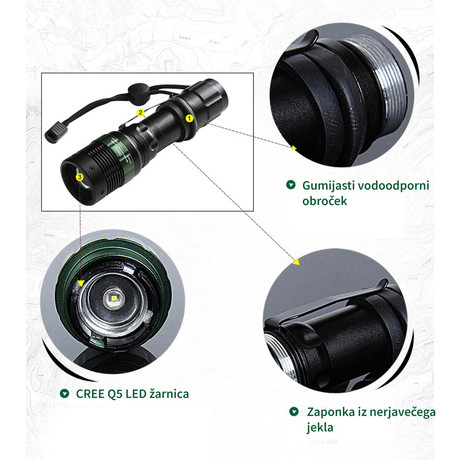 PLATINET prenosna LED svetilka (Flashlight) PAFZ3W, Alu, ZOOM, CLIP vrvica
