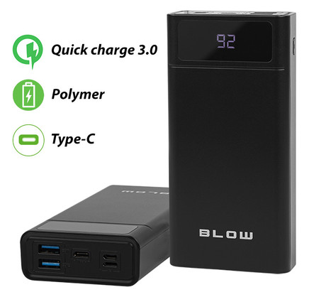 Power bank BLOW PB40A, 40.000mAh, Polymer baterija, Quick Charge 3.0, LED zaslon, Type-C, črna